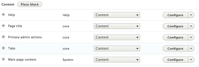 Drupal 8 - block layout showing the Page title block