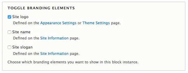 Drupal 8 - settings for hiding or displaying the site logo, site name, and site slogan