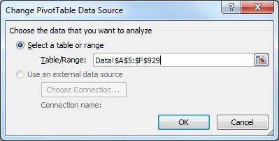 Excel Pivot Table, updated data range for the pivot table.