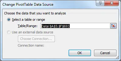Excel Pivot Table - the Change PivotTable data source dialog box