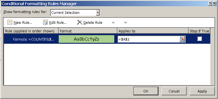 Excel Conditional Formatting Rules Manager, duplicate rows highlighting rule