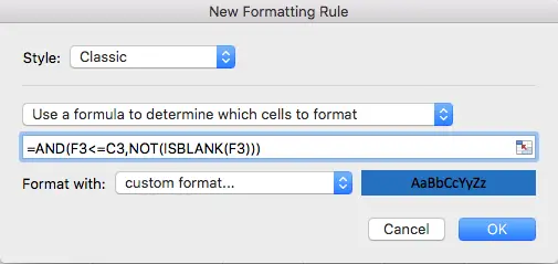Excel Conditional Formatting example using a formula