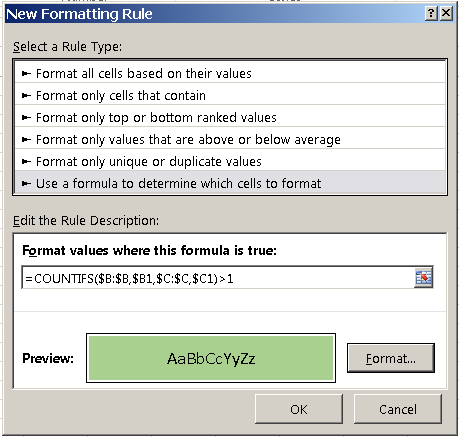 Excel Conditional Formatting, new formatting rule dialog box with formula for checking duplicate rows
