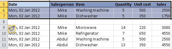 An Excel data table with an empty row. Autofilter will ignore the rows below the empty row.