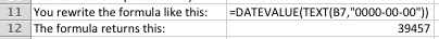 Excel example of DATEVALUE and TEXT functions combined to convert a number to a date