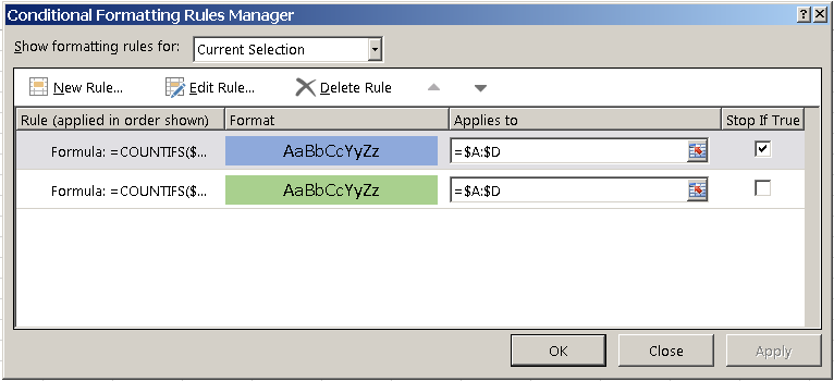 Excel finding duplicate rows with Conditional Formatting, multiple rules