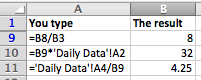 Excel formula examples linking to another worksheet where the name of the worksheet contains spaces