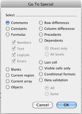 The full Excel Go To Special dialog box 