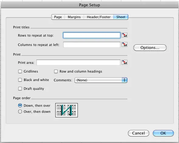 Excel 2011 Page Setup dialog with the Sheet tab selected