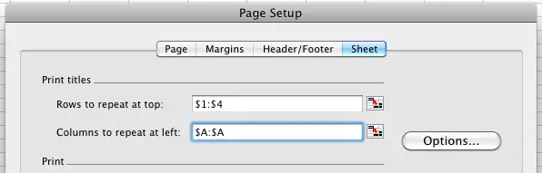 Excel for Mac Print Titles selection with example values entered