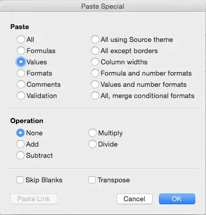 Excel Paste Special dialog box with Paste Values selected.