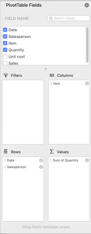 Excel Pivot Table - with PivotTable Field selected and placed
