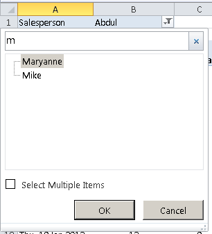 Excel Pivot Table Report Filter, using the search feature to reduce the list of options