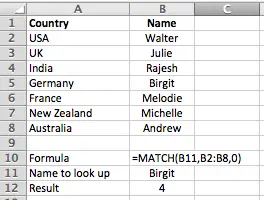 Excel simple example of the MATCH function in action