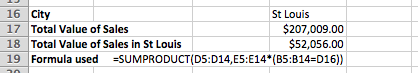 Excel SUMPRODUCT example that includes a criteria value to limit the rows included in the total
