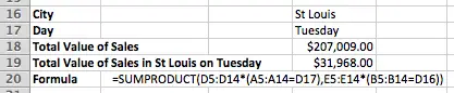 Excel SUMPRODUCT example with two criteria to limit the values included in the total