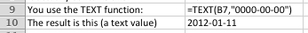 Excel example of TEXT function converting a number to a date format