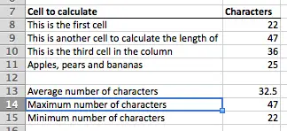 Example of the LEN() function in Excel