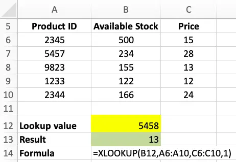 Excel XLOOKUP - sample data table for calculations
