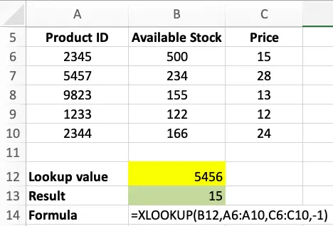Excel XLOOKUP - sample data table for calculations