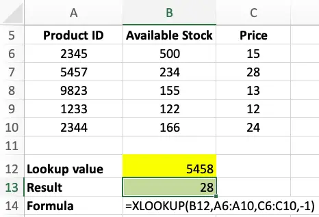 Excel XLOOKUP - sample data table for calculations