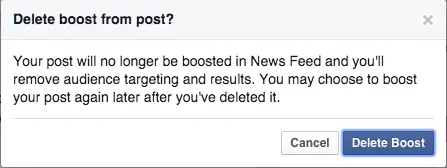 Facebook - warning message shown when deleting the boost on a post