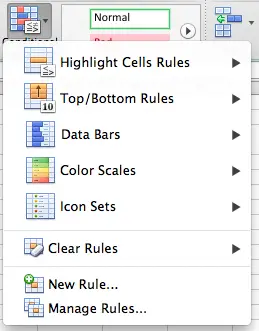Microsoft Excel for Mac conditional formatting button expanded