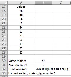 Using MATCH in Excel to find the position of a value in an unsorted list that contains duplicates