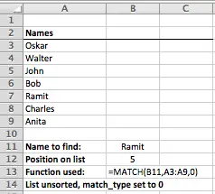 Using the MATCH function in Excel to find the position of a name in an unsorted list