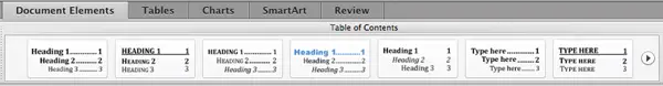 Microsoft Word Document Elements toolbar with Table of Contents buttons