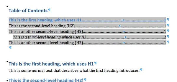 Microsoft Word document with a table of contents that needs a page break
