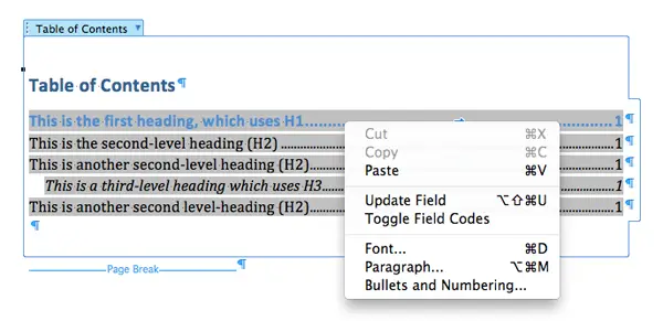 how to make table of contents clickable in word 2011