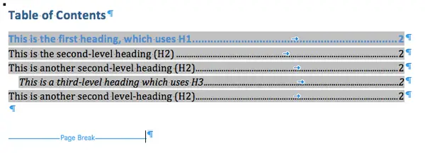 Microsoft Word worked example of a table of contents