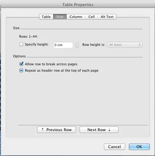 Setting the Row properties for an entire table in Microsoft Word
