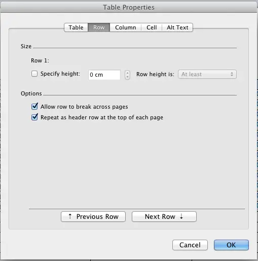 Microsoft Word table properties, row settings