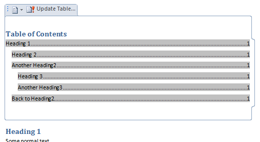 Microsoft Word for Windows, document with table of contents created